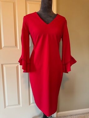 Calvin Klein Red V-Neck Midi Dress with Ruffled Bell Sleeves